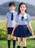 Clothing Sets Korean Style Blue Striped Boys Short Sleeve Shorts Shirt Girls Doll Collar Lace Pleated Skirt Set Primary