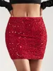 Skirts Sequined Red Mini Bodycon Skirt Elegant Elastic Waist Slim For Spring & Summer Women's Clothing