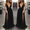 Yeni yüksek yan bölünmüş tül balo elbiseleri siyah seksi derin v boyun uzun kadın etekler resmi parti gece önlükleri vestidos de baile 275m