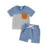 Kleidungssets Mode-Gelegenheits-Kind-Jungen-Sommer-Kinder Shorts Set Outfit Stripe Print Kurzarm Taschen-T-Shirt mit Anzügen