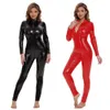 Kvinnor Sexig nedan Crotchless Shiny Leather Jumpsuit Dubbeldragare Öppen Crotch Skinny Bodysuit Forma Leotard Cosplay Conoined CatSuit Costumes