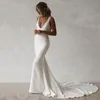 Sexy Sukienki na panny młodej syreny boho w dekolcie V-dół Otwórz elastyczną suknię ślubną prosta długą guziki pociągu ślubne 2021 315S