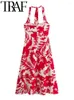 Robes décontractées rouges imprimées robe licoute d'été faux lin bas sans manches sans manches slim mince midi y2k robes