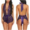 Nieuw leuk ondergoed sexy open rug hangende nek kanten mesh open front jumpsuit