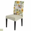 Chair Covers Retro Wood Grain Sunflower Bee Dining Spandex Stretch Seat Cover For Wedding Kitchen Banquet Party Case