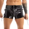 Mens sexy open kruis korte broek voor sex latex bodycon ritsloze patent lederen fetisj bokser veter naast catsuit -kostuums