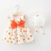 Girl Dresses 2/piece Set Of Girls' Dress Straw Hat Summer Baby Knot Cartoon Flower Print Large Butterfly Sleeveless