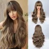 28 Inches Brown Qi Bangs Long Wigs Hot Sale Brown Big Wave Hair Wholesale Europe America Fashion Style Permed Dyed Rose Net Curly Wig
