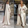 Champagne Empire Jumpsuit Evening Dresses with Cape V Neck Long Sleeve Peplum Satin Red Carpet Celebrity Gown Ankle Length Formal Gown 2925