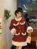 ワークドレススウィートガールクリスマススーツ女性秋/冬Oネックコットンジャケット包まれたヒップミニスカート2ピースセット女性服
