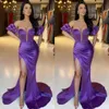 Arabic Duabi Sexy Purple Plus Size Mermaid Prom Dresses Floor Length Off Shoulder Pleats Draped High Side Split Formal Evening Gowns We 217S