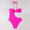 Swimwear pour femmes Sexy Hollow Out One Piece Swimsuits femme Summer 2024 Black / Pink Hanging Necy Strap Mesh Monokini High Taies Push Up