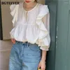 Women's Blouses BGTEEVER Casual Loose Ruffles Long Sleeve White Shirts For Women Spring Summer O-neck Female Pullovers Ladies Tops