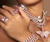 12 mm Iced Out Bling CZ Miami Cuban Link Chain Pink Butterfly Charm Choker Necklace Hip Hop Rock Bling Wide Cool Women Jewelry7697222