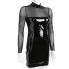 Women Shiny Leather Sheath Bag Hip Dress See Through Hot Porn Breast Exposing Shaping Bodycon ing With Transparent Mesh Catsuit Costumes