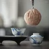Teaware -sets 90 ml bamboe blauw en witte keramische theekop set met deksel 1 kom opbergzak