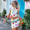 Tweede stuk broek voor dames Cutenova Fruit Childish Graffiti Cutie Gedrukte Casual Rok Pak Basic Short Slve T-Shirt Split Mini Wrap Hipster Rok 2pcs T240510