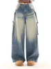 Jeans pour femmes hautes Tie à la taille teintée bleu clair vintage américain Style Street Casual Wide jambe Pantal