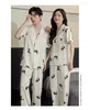 Accueil Vêtements Summer Young Korean Couple Ice Silk mince pyjamas Pantalons longs à manches courtes Set Softs Lovers Smewear Cartoon Dog Comfort Fury