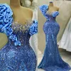 2024 Blue Plus Size Prom Kleider für besondere Anlässe Promdress One Schulter Perlen Spitze Strass dekorierte Geburtstagsfeier Kleid zweite Empfangskleider Am891