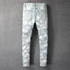 Erkek Deri Ünlü Yama Tasarım Kot Street Giyim Yaması İş Çatlama Elastik Denim Pantolon Ultra İnce Kalem Pantolon 240508