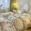 Bedding Sets Pleat Ruffles French Vintage Flamingo Tropical Leaves Botanical Print Set Pure Cotton Duvet Cover Bed Skirt Pillowcases