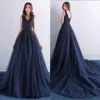 Marineblaue formale Kleider Abend Plus Size 2022 V-Ausschnitt Mütze Empire Taille Prom Kleid Spitze Applikationen Perlen-Abschlusskleid 247m