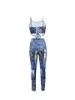 STYLISH LAD Geometrical Printed Patchwork 2 Piece Set Women Strap Crop Top and Skinny Pant Suits 2024 Summer Skinny Outfits