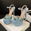 Sexy Super High Heel 2024 Zomer Mashions Crystal Pole Dance Shoes Blue Open-Toe Vis Mond Strier Regtone Platform Sandalen