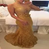 Gold Mermaid Prom Kleid 2019 Spitzen Applikationen Perlen Elegante Abendkleid ärmellose Robe de Soiree Mutter der Bräute Kleid 282c