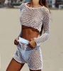 Sarongs Fish Net Bikini CoverUps Summer Sexy Seethrough Two Pieces Beach Wear Women Short Suite5403500