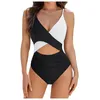 Women's Swimwear Black White Contrast Color Sexy Knot Wrapped Deep V-Neck Bathing Suits High Waist Cut Out Suspender Monokini