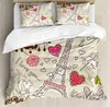 Bedding Sets Paris Duvet Capa Conjunto de Doodles Ilustração de Eiffel Tower Hearts Chandelier Flow