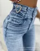 Kvinnors jeans höga midja fickor pärlor för kvinnor streetwear stretch blå damer denim lastbyxor raka tvättade byxor
