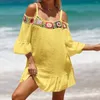 Crochet Bikini Cover Up Off Shoulder Beach Dress Summer Swimwear Coverups Beachwear Cotton Bathing Suit Female Pareo