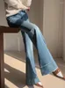 Dżinsowe dżinsy wysoko w pasie szerokopasmowe płomienie vintage w stylu fajna dziewczyna retro mycie blue bottom spodni żeńskie cienkie dżinsowe spodnie