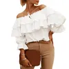 Dames blouses dames mode wilde shirts massief kleuren boothals off-shoulder halve mouw chiffon zomer casual ruches tie-up tops