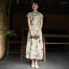 Parti Elbiseleri LZJN 2024 Kadınlar Yaz Retro Vestido Çin Qipao Elbise Uzun Geleneksel Mandarin Yakası Çiçek Baskılı Cheongsam
