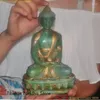 Decoratieve beeldjes 9 "Tibet Natural Old Old Green Jade Gilt Sakyamuni Shakyamuni Boeddha -standbeeld