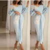 Tea Length Light Sky Blue Mother Of The Bride Dresses Off The Shoulder Evening Dresses With Long Sleeves Appliques Party Gowns Prom Dre 273r
