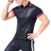 Mens Sexy Faux Short-sleeved Erotic Shaping Sheath Latex Bodycon Casual T-shirts Male Patent Leather Polo Shirt Catsuit Costumes