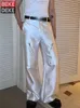 Mens Pants Hip Hop Casual Trousers Fashion Zipper Design High Street -knappen Fly Löst Fit Solid Color Straight Ben Pants Mane 240508
