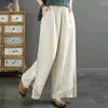 Pantalon pour femmes broderies tribales rétro en coton en coton élastique élastisé à taille haute les poches de couleur unie