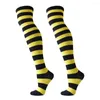 Vrouwen sokken panty voor over de kniekleding geel en zwart breed gestreepte kous dij fitness