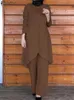 Vêtements ethniques Zanzea Fashion Musulman Suit O-Neck Blouse d'ourlet irrégulier Pant de jambe large Solid Vintage Party Abaya Kaftan Set Work Ol Tracksuit T240510