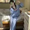 Frauen Nachtwäsche Plaid Frauen Pyjama Sets Hosen 2 Stück Square Kragen Piima Koreanische Spitze Vollhülse Frühlingsabend trägt Home Anzug