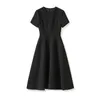 Summer Black Solid Color Waist Bee Embroidery Dress Short Sleeve Round Neck Panelled Midi Casual Dresses W4M065706