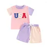 Set di abbigliamento set per bambini da ragazzo 4 luglio Outfit USA Lettere da ricamo a maglietta per magliette a colori Shorts Shorts Set Baby Clothes