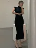 Вечеринка для женщин Bodycon Slim Turtleneck Корейский стиль черный короткий рукав миди -платье Женское весенняя осень Вестидо Феминино