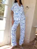 Pantaloni da due pezzi da donna 2 abiti casual motivi stampare camicia top set gambe larghe set streetwear chic leisure blu pigiama
